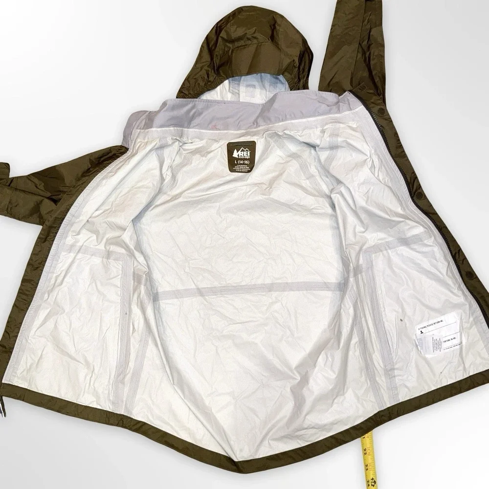 REI Boys Youth Rain Jacket Nylon Size Large 14-16 Brown Hiking Waterpoof Hooded
